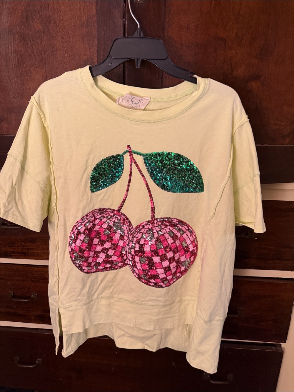 Fantastic Fawn Light Yellow Sequin Cherry Graphic Tee